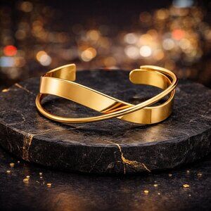 18K Gold Plated Stainless Steel Bangle Non Tarnish Waterproof Overlap Cuff